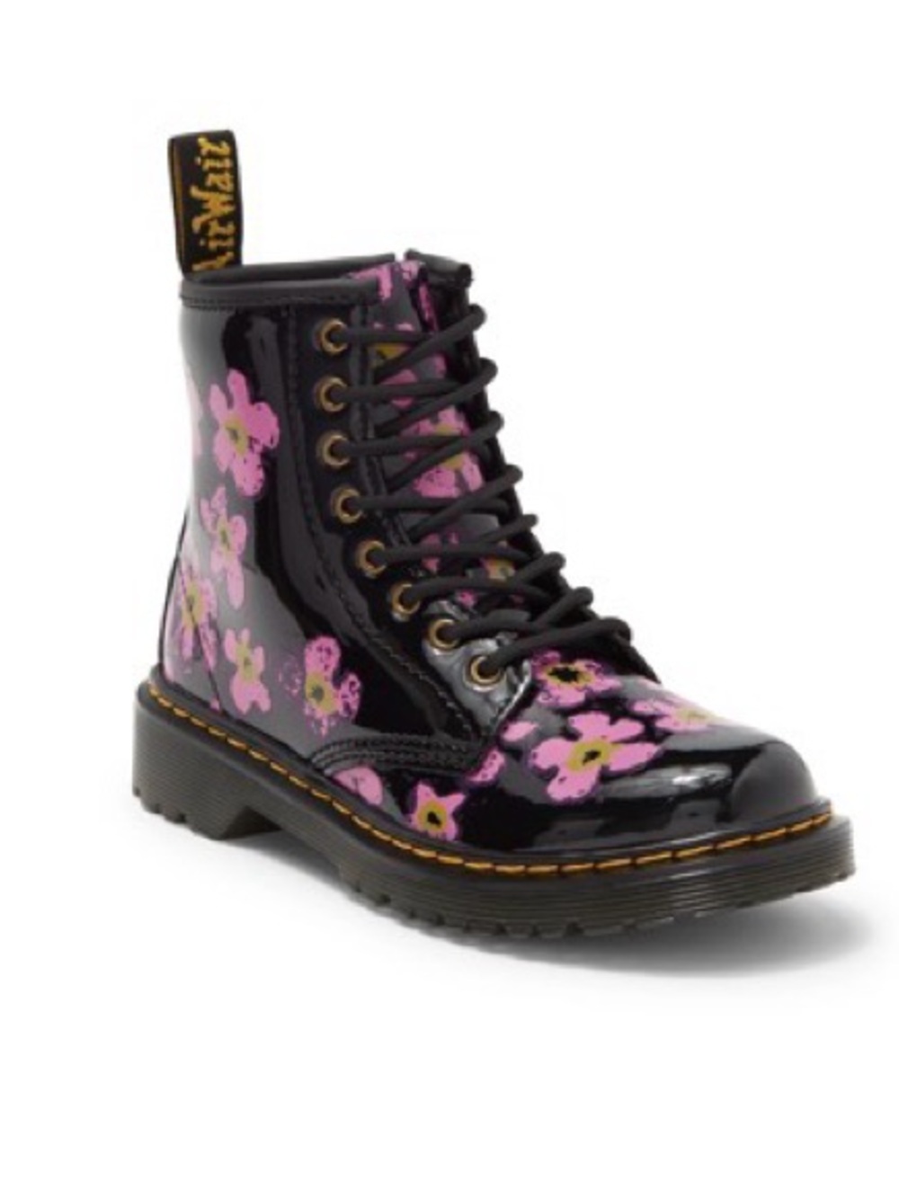 Kids Dr. Martens Black Patent Boots with Pink Floral Print;